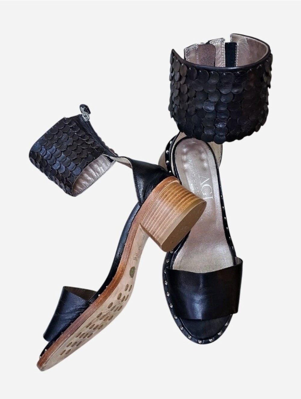 AGL Italian Black Leather Studded Block Heel Sandals, Scalloped Ankle Cuff, Sz 9